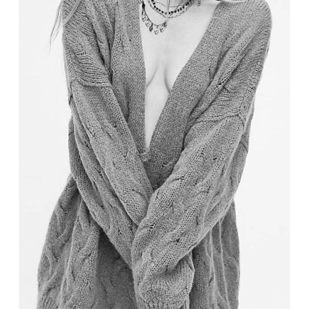 NEW FREE PEOPLE Sz XS JUNE CABLE V NECK SWEATER LONGLINE SLOUCHY KNIT TUNIC - Picture 4 of 6